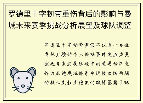 罗德里十字韧带重伤背后的影响与曼城未来赛季挑战分析展望及球队调整方向